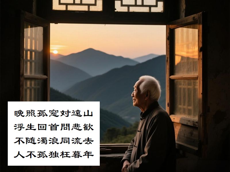 晩照孤窓対遠山，浮生回首問悲歓，不随濁浪同流去，人不孤独枉暮年