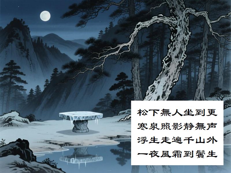 松下無人坐到更，寒泉照影静無声，浮生走遍千山外，一夜風霜到鬢生