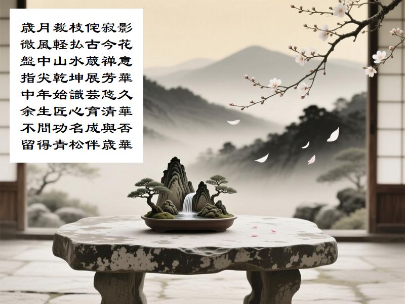 歳月裁枝侘寂影，微風軽払古今花，盤中山水蔵禅意，指尖乾坤展芳華，中年始識芸悠久，余生匠心育清華，不問功名成與否，留得青松伴歳華