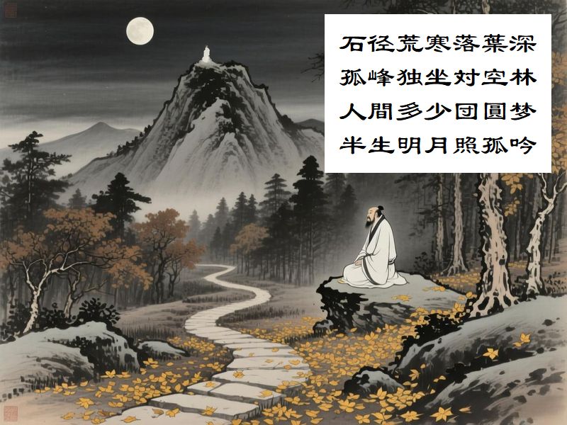 石径荒寒落葉深，孤峰独坐対空林，人間多少団圓梦，半生明月照孤吟
