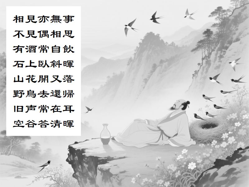 相見亦無事，不見偶相思，有酒常自飲，石上臥斜暉，山花開又落，野鳥去還帰，旧声常在耳，空谷答清暉