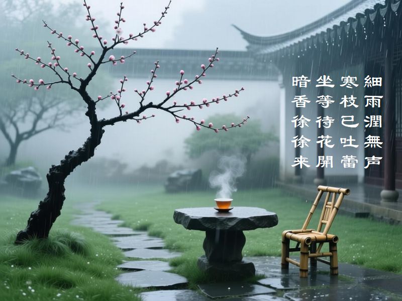 細雨潤無声，寒枝已吐蕾，坐等待花開，暗香徐徐来