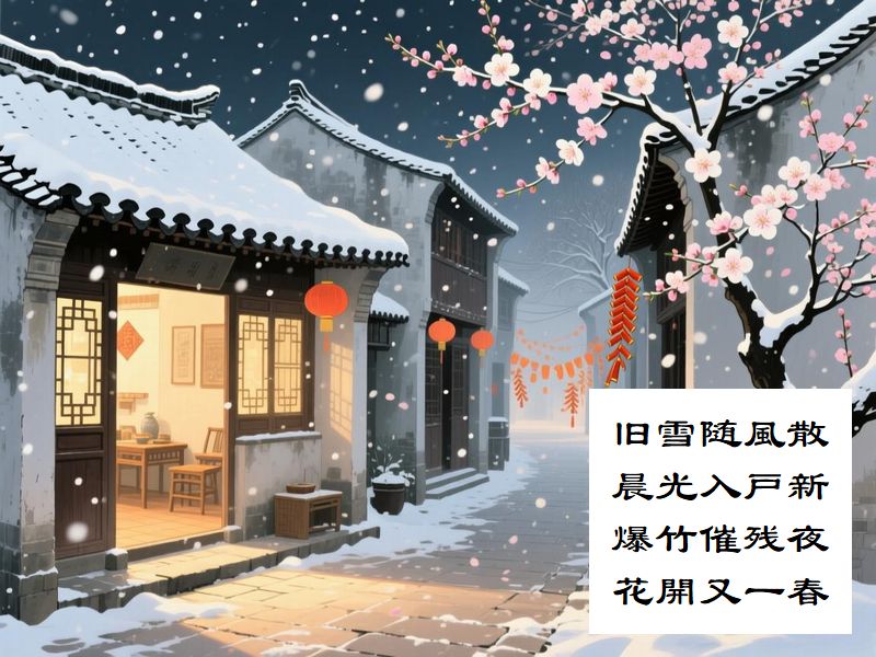 旧雪随風散，晨光入戸新，爆竹催残夜，花開又一春