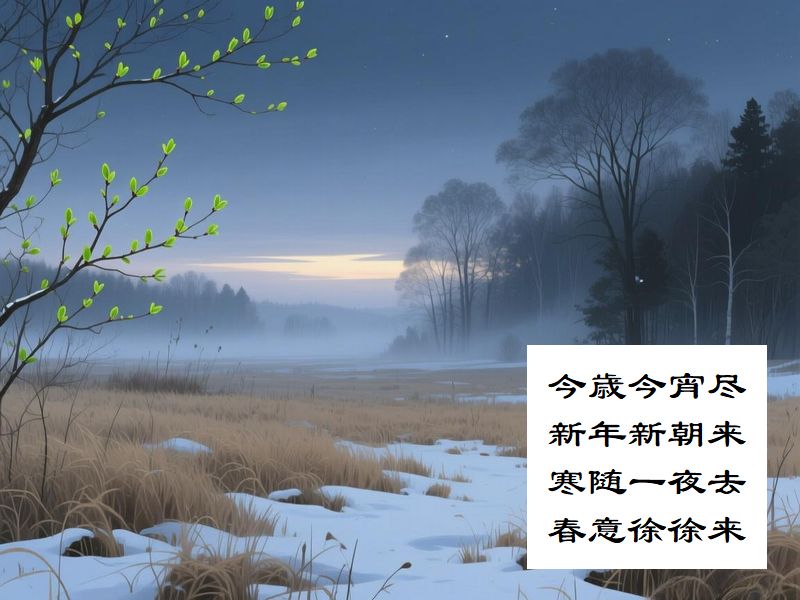 今歳今宵尽，新年新朝来，寒随一夜去，春意徐徐来