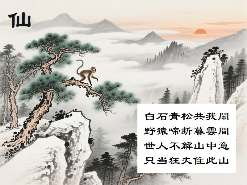 白石青松共我閑，野猿啼断暮雲間，世人不解山中意，只当狂夫住此山