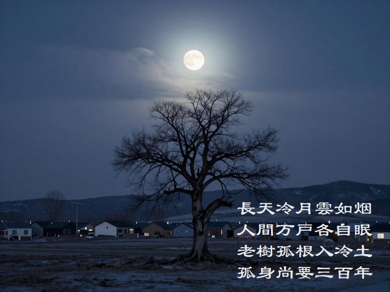 長天冷月雲如烟，人間万戸各自眠，老樹孤根入冷土，孤身尚要三百年