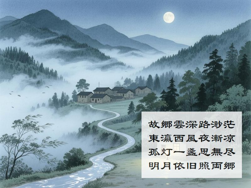 故郷雲深路渺茫，東瀛西風夜漸凉，孤灯一盞思無尽，明月依旧照両郷