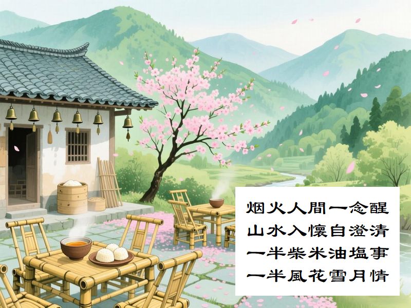 烟火人間一念醒，山水入懐自澄清，一半柴米油塩事，一半風花雪月情