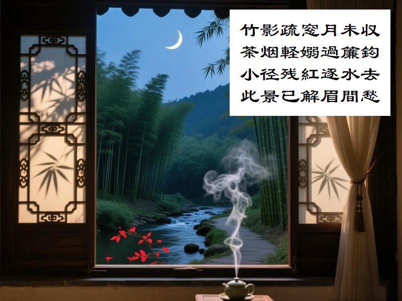 竹影疏窓月未収，茶烟軽嫋過簾鈎，小径残紅逐水去，此景已解眉間愁