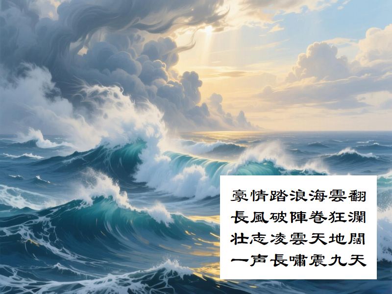 豪情踏浪海雲翻，長風破陣巻狂瀾，壮志凌雲天地闊，一声長嘯震九天