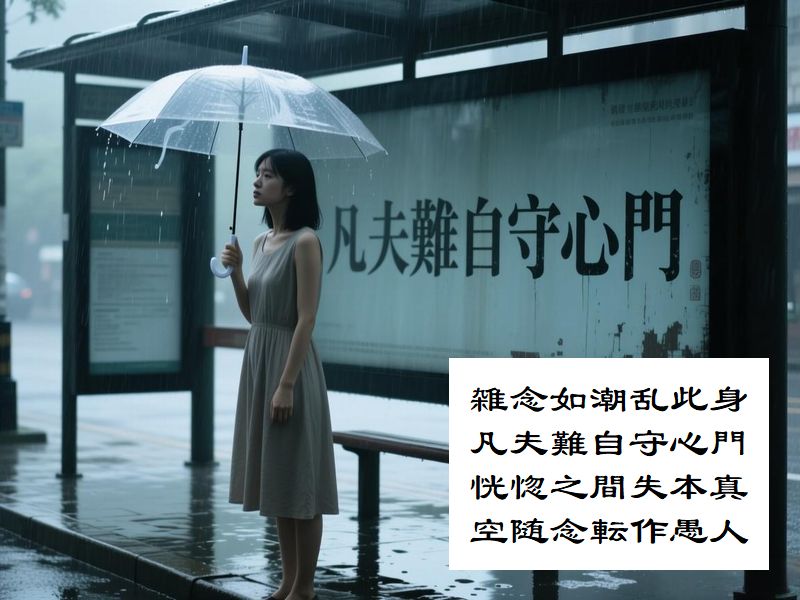 雑念如潮乱此身，凡夫難自守心門，恍惚之間失本真，空随念転作愚人