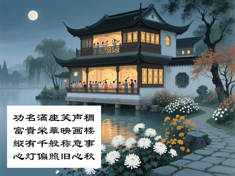 功名満座笑声稠，富貴栄華映画楼，縦有千般称意事，心灯偏照旧心秋