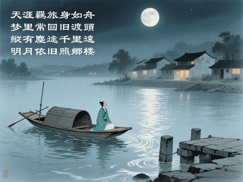 天涯羈旅身如舟，梦里常回旧渡頭，縦有塵途千里遠，明月依旧照郷楼