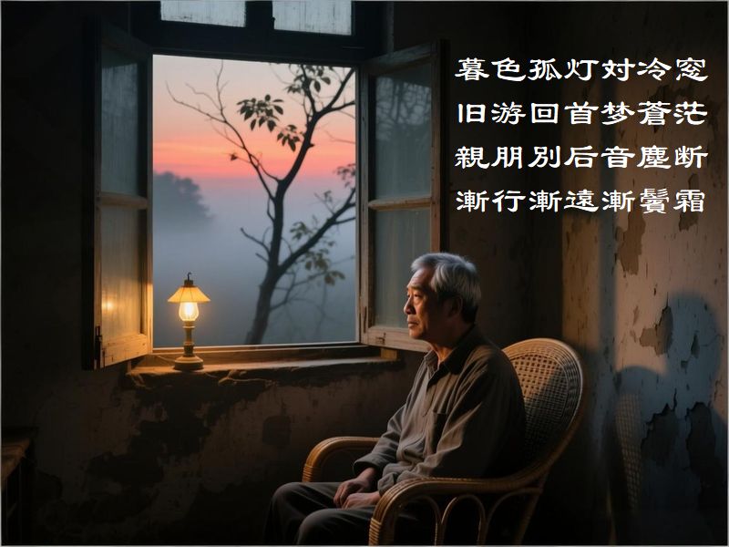 暮色孤灯対冷窓，旧游回首梦蒼茫，親朋別后音塵断，漸行漸遠漸鬢霜