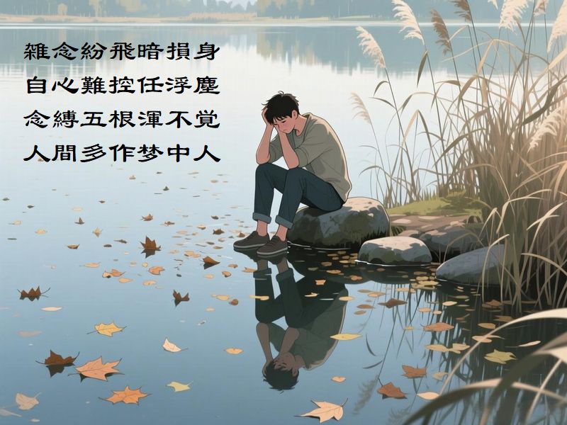 雑念紛飛暗損身，自心難控任浮塵，念縛五根渾不覚，人間多作梦中人