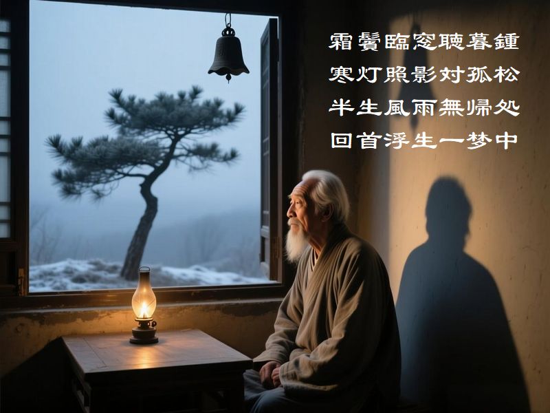 霜鬢臨窓聴暮鍾，寒灯照影対孤松，半生風雨無帰処，回首浮生一梦中