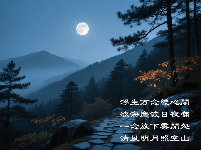 浮生万念繞心関，欲海塵波日夜翻，一念放下雲開処，清風明月照空山