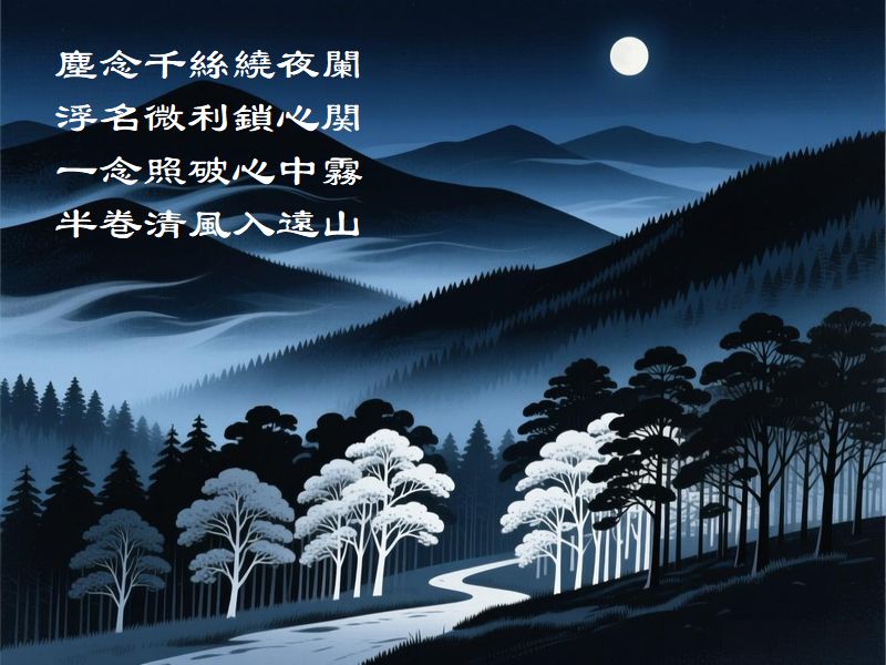 塵念千絲繞夜闌，浮名微利鎖心関，一念照破心中霧，半巻清風入遠山