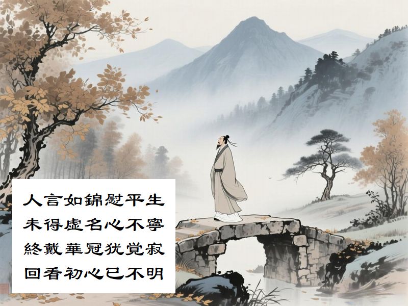 人言如錦慰平生，未得虚名心不寧，終戴華冠犹覚寂，回看初心已不明