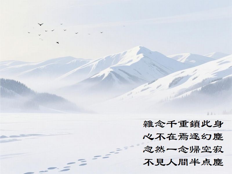 雑念千重鎖此身，心不在焉逐幻塵，忽然一念帰空寂，不見人間半点塵