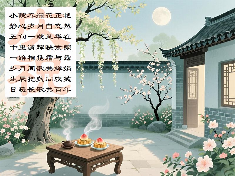 小院春深花正艳，静心岁月自悠然，五旬一载风华在，十里清辉映素颜，一路相携霜与露，岁月同歌共婵娟，生辰把盏同欢笑，日暖长歌共百年