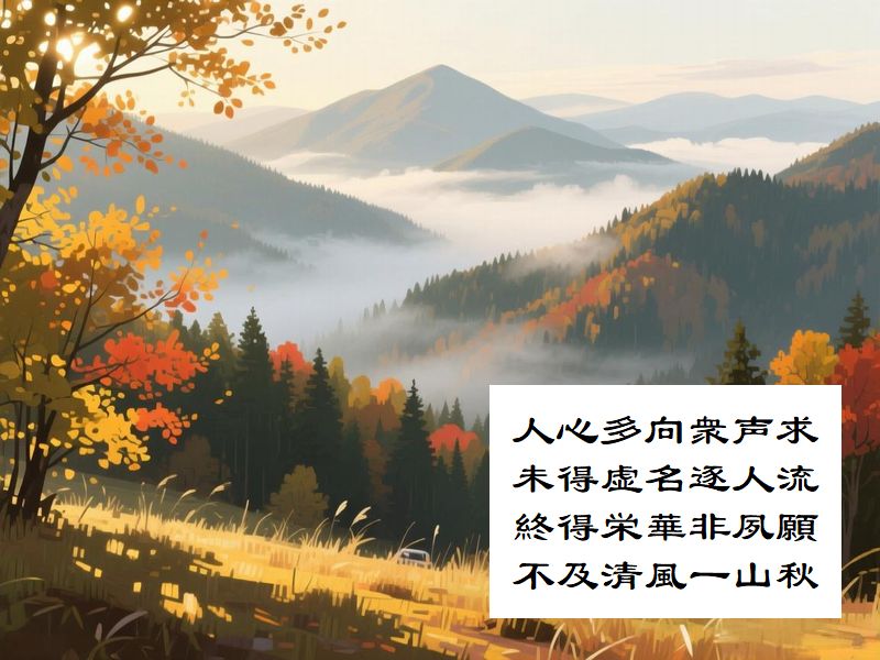 人心多向衆声求，未得虚名逐人流，終得栄華非夙願，不及清風一山秋