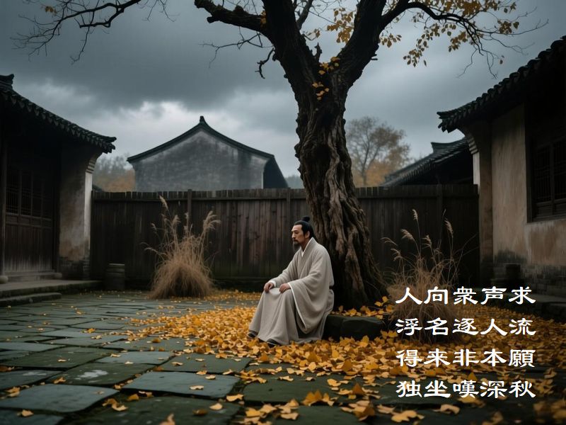 人向衆声求，浮名逐人流，得来非本願，独坐嘆深秋