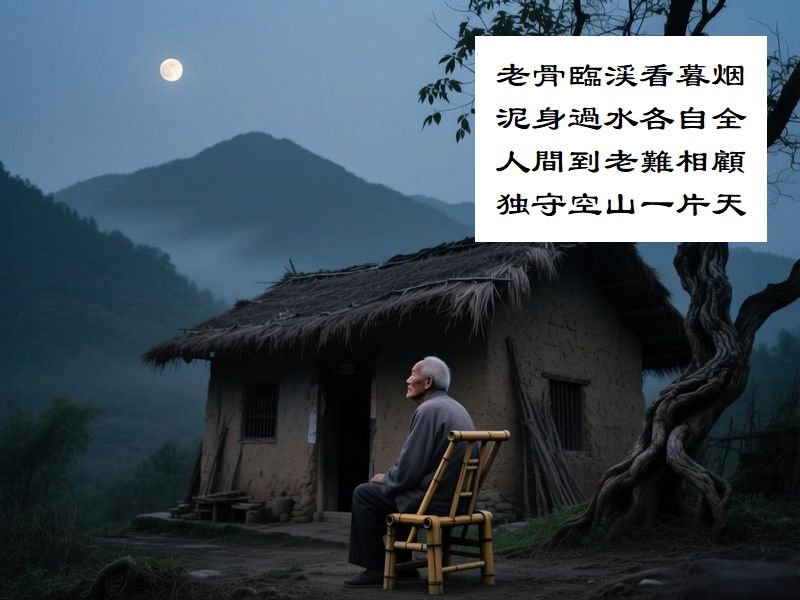 老骨臨渓看暮烟，泥身過水各自全，人間到老難相顧，独守空山一片天