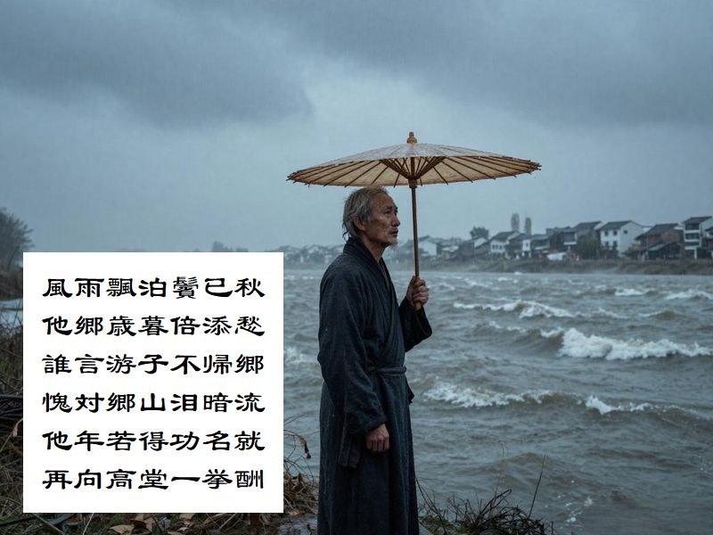 風雨飄泊鬢已秋，他郷歳暮倍添愁，誰言游子不帰郷，愧対郷山泪暗流，他年若得功名就，再向高堂一挙酬