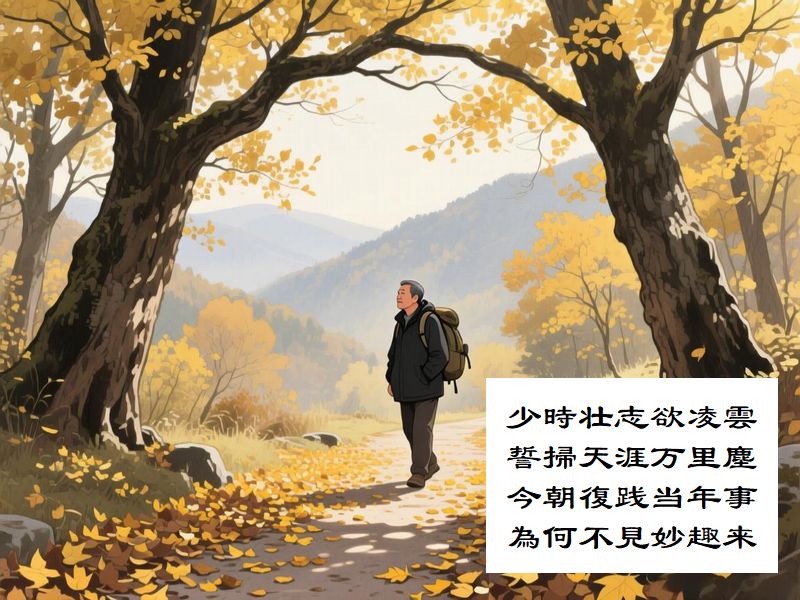 少時壮志欲凌雲，誓掃天涯万里塵，今朝復践当年事，為何不見妙趣来