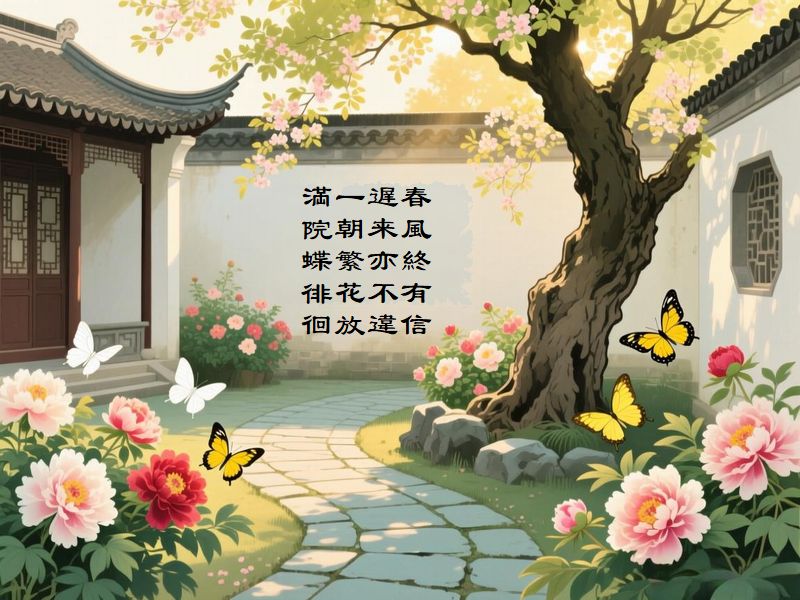 春風終有信，遅来亦不違，一朝繁花放，満院蝶徘徊
