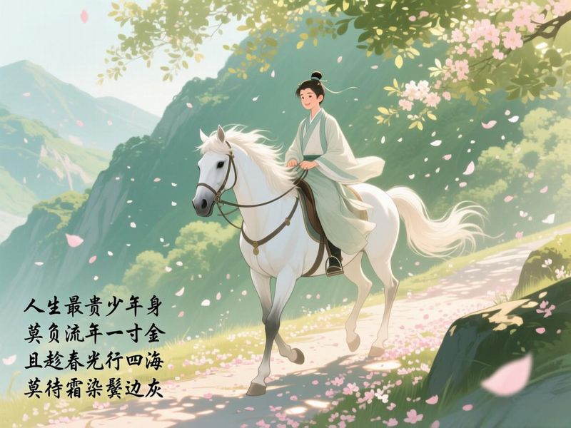 人生最貴少年身，莫負流年一寸金，且趁春光行四海，莫待霜染鬢辺灰