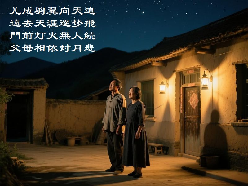 儿成羽翼向天追，遠去天涯逐梦飛，門前灯火無人続，父母相依対月悲