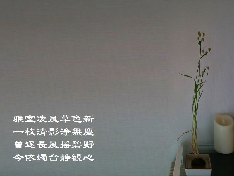 雅室凌風草色新，一枝清影浄無塵，曽逐長風揺碧野，今依燭台静観心